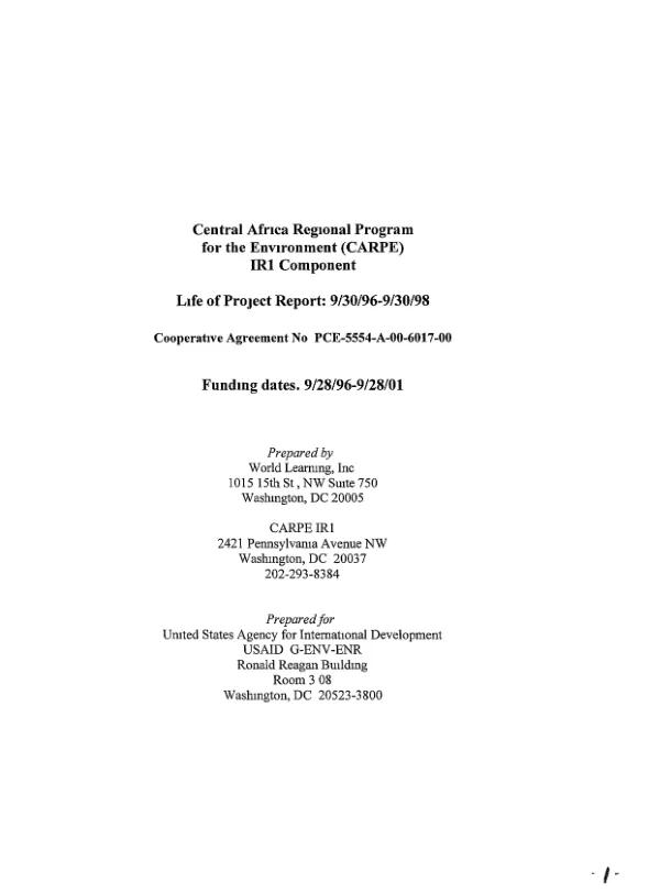 Central Africa Regional Program for the Environment (CARPE) IR1 [intermediate result] component : life of project report, 9/30/96-9/30/98
