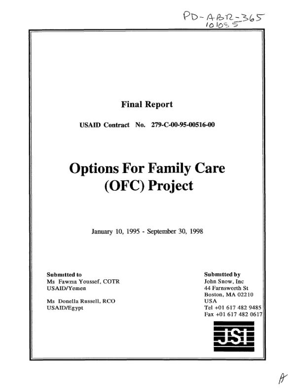 Final report : USAID contract no. 279-C-00-95-00516-00 -- options for family care (OFC) project, January 10, 1995-September 30, 1998