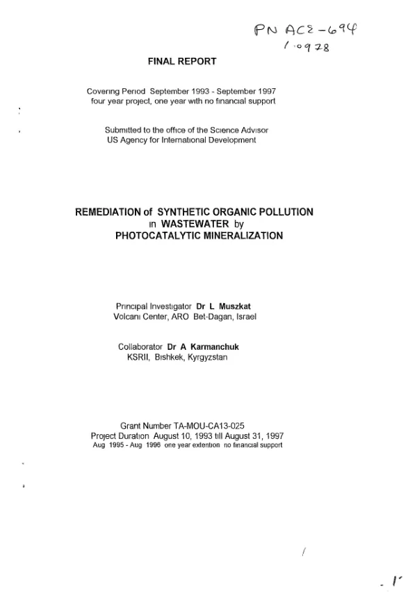 Final report : remediation of synthetic organic pollution in wastewater by photocatalytic mineralization