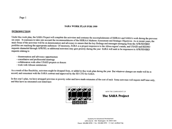 SARA [Support for Analysis & Research in Africa] work plan for 1999