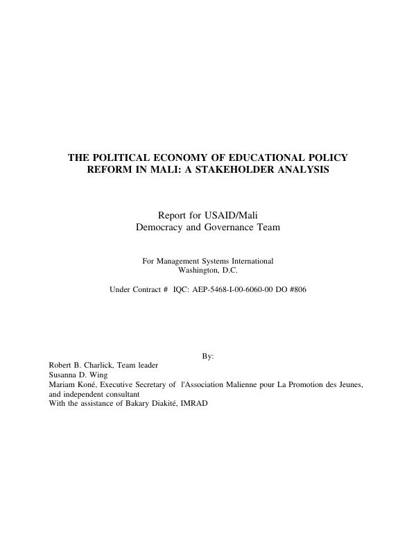 Political economy of educational policy reform in Mali : a stakeholder analysis