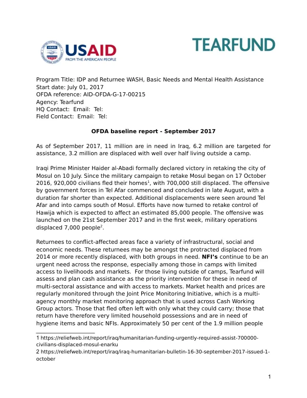 IDP and returnee WASH, basic needs and mental health assistance : OFDA baseline report