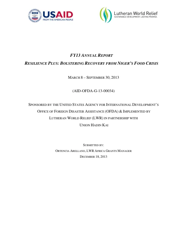 Resilience Plus: Bolstering Recovery from Niger"s Food Crisis FY13 Annual Report