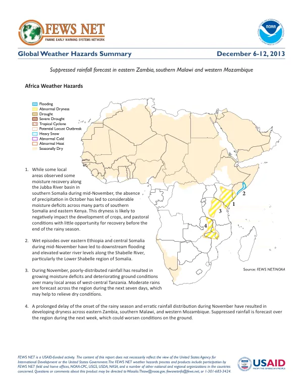 Global weather hazards summary, December 6-12, 2013