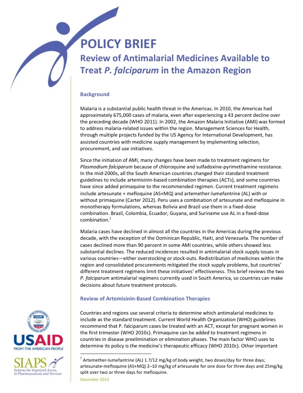 Policy Brief: Review of Antimalarial Medicines Available to Treat P. falciparum in the Amazon Region