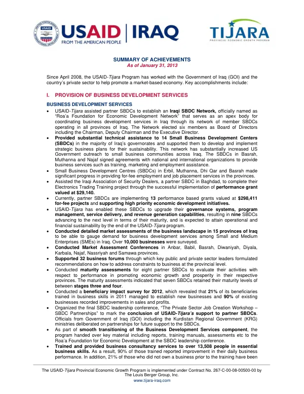 Tijara summary of achievements as of January 31, 2013