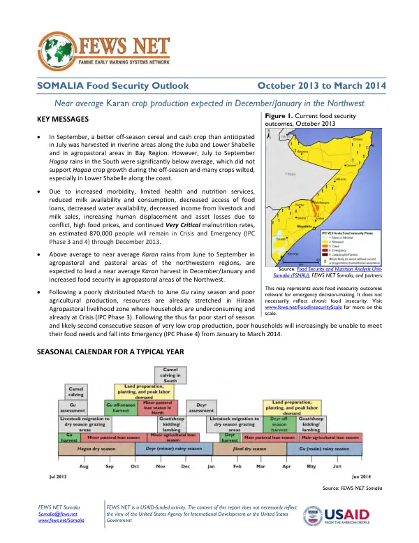 Somalia food security outlook, October 2013 to March 2014
