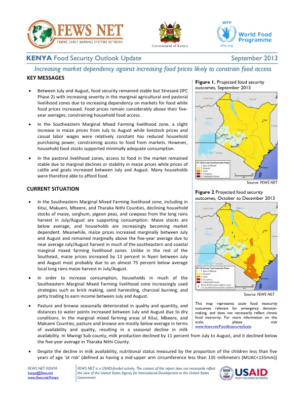 Kenya food security outlook update, September 2013