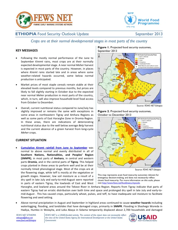 Ethiopia food security outlook update, September 2013