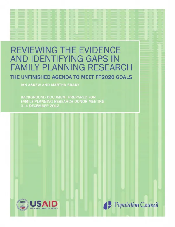 Reviewing the evidence and identifying gaps in family planning research : the unfinished agenda to meet FP2020 goals