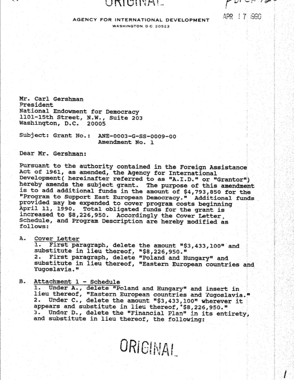 AID grant no. ANE-0003-G-SS-0009-00 amendment no. 1 to the National Endowment for Democracy to support democratic initiatives in Eastern European countries and Yugoslavia