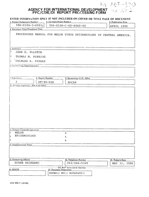PROEXAG, non-traditional agricultural export support project : procedures manual for melon virus epidemiology in Central America