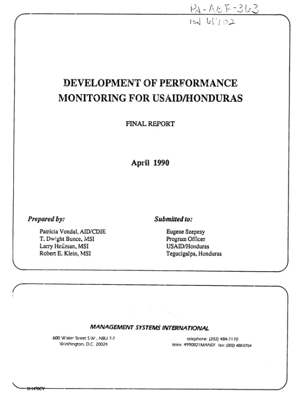 Development of performance monitoring for USAID/Honduras : final report