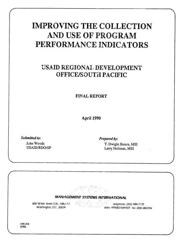 Improving the collection and use of program performance indicators -- USAID Regional Development Office/South Pacific : final report