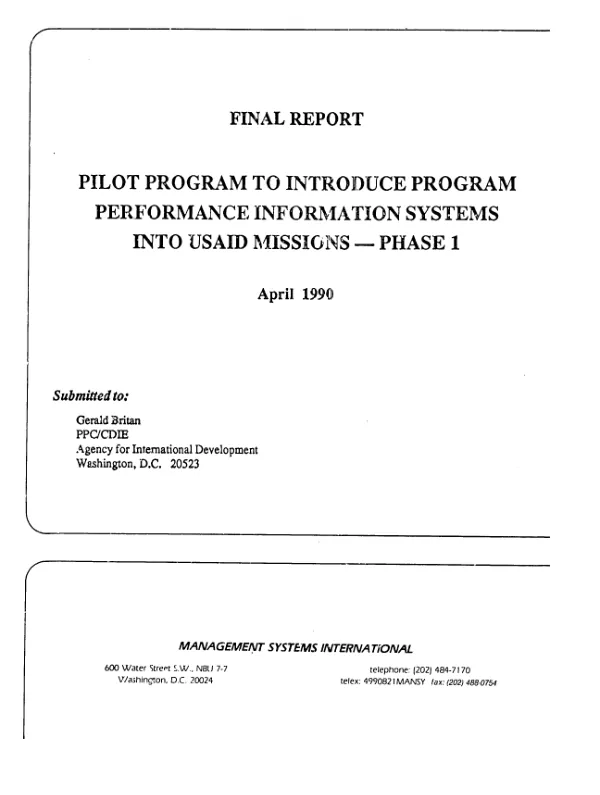Final report : pilot program to introduce program performance information systems into USAID missions -- phase 1