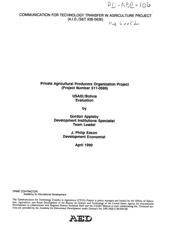 Private agricultural producers organization project (project number 511-0589) : USAID/Bolivia evaluation