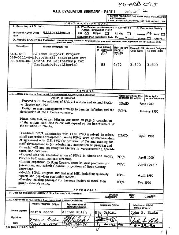 PVO/NGO support project, micro/small enterprise development (grant to Partnership for Productivity/Liberia)
