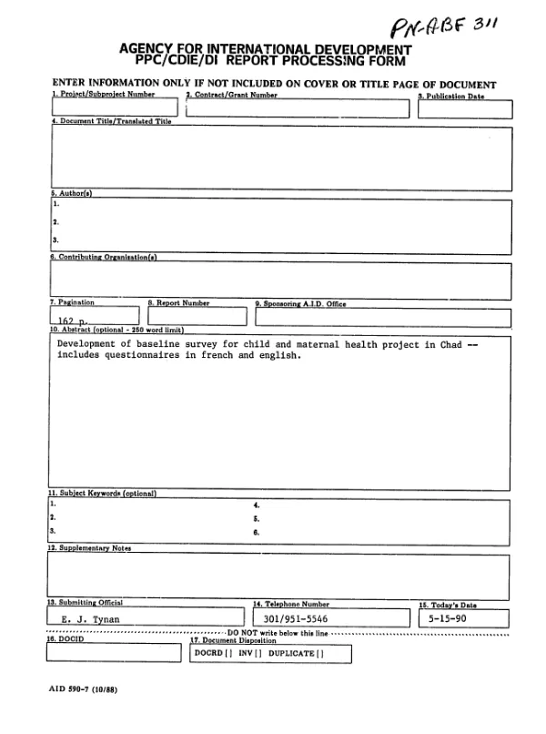 Sample survey and questionnaire design for the baseline data collection and evaluation of the Chad child survival project (no. 677-0064)
