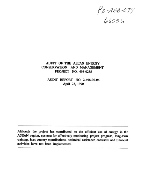 Audit of the ASEAN energy conservation and management project no. 498-0285