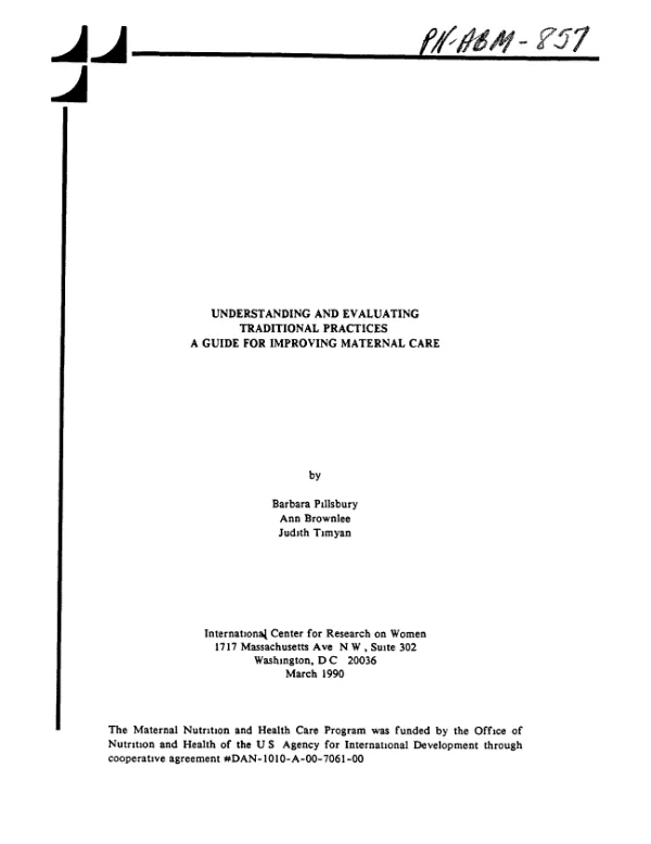 Understanding and evaluating traditional practices : a guide for improving maternal care