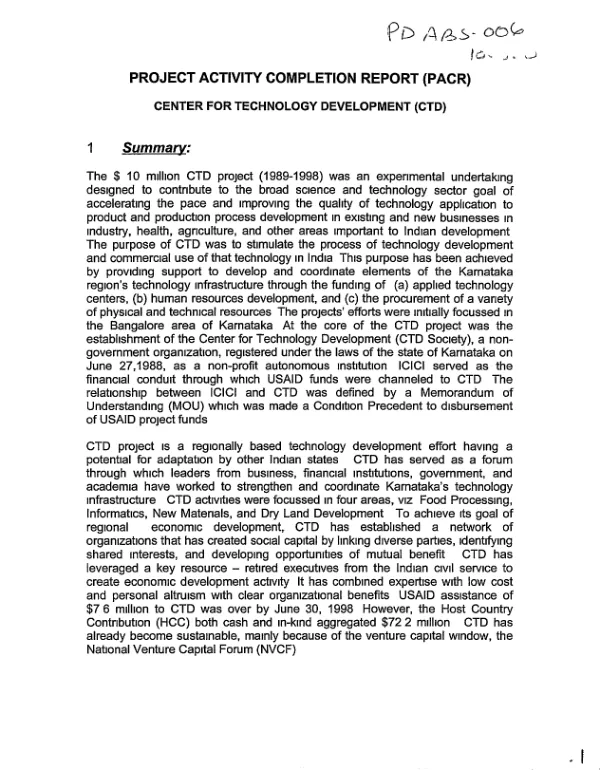 Project activity completion report : Center for Technology Development (CTD)