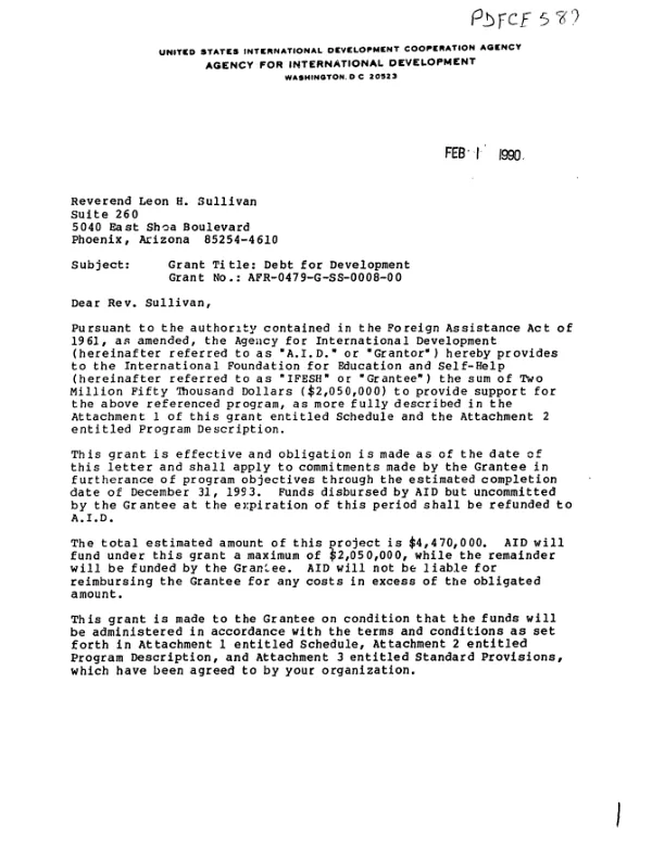AID grant no. AFR-0479-G-SS-0008-00 to the International Foundation for Education and Self-Help for the debt for development program in Nigeria, Guinea, and Niger