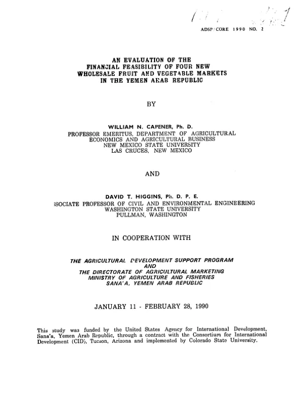 Evaluation of the financial feasibility of four new wholesale fruit and vegetable markets in the Yemen Arab Republic