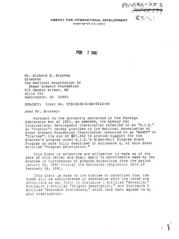AID grant no. OTR-0230-G-SS-0022-00 to the National Association of Wheat Growers Foundation for a project entitled `the developing world opportunities for US agriculture"
