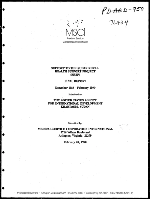Support to the Sudan rural health support project (RHSP) : final report, December 1988-February 1990