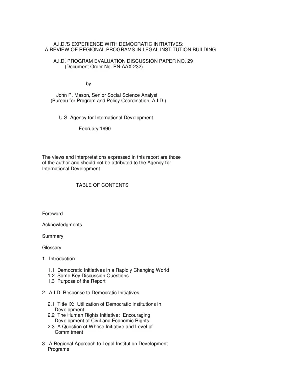 AID"s experience with democratic initiatives : a review of regional programs in legal institution building