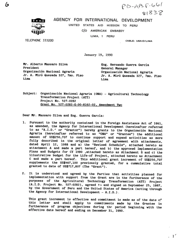 AID grant no. 527-0282-G-00-8162-02 to Organizacion Nacional Agraria (ONA) for the agricultural technology transformation project (ATT) : amendment no. 2
