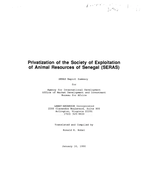 Privatization of the Society of Exploitation of Animal Resources of Senegal (SERAS)