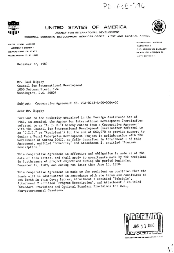 Cooperative agreement no. WCA-0215-A-00-0004-00 with the Council for International Development to develop a proposal for long-term activities under the Guinea rural enterprise development project (REDP)