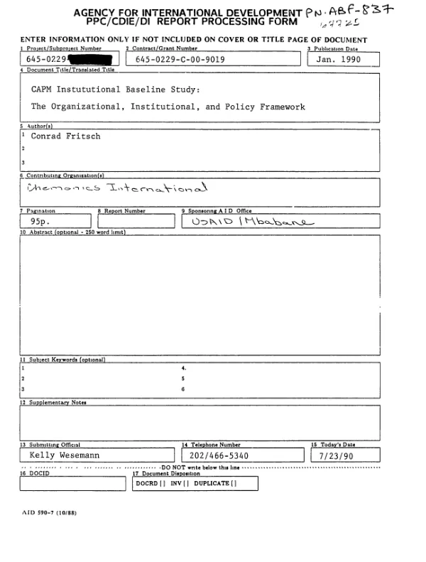 CAPM institutional baseline study : the organizational, institutional, and policy framework
