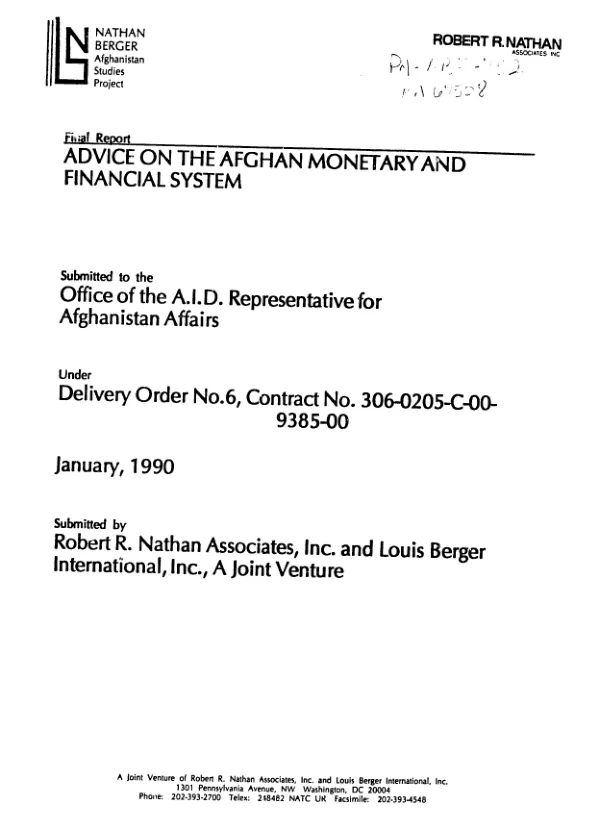 Final report : advice on the Afghan monetary and financial system