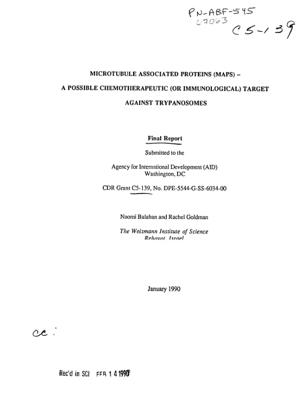Microtubule associated proteins (MAPS) : a possible chemotherapeutic (or immunological) target against trypanosomes -- final report