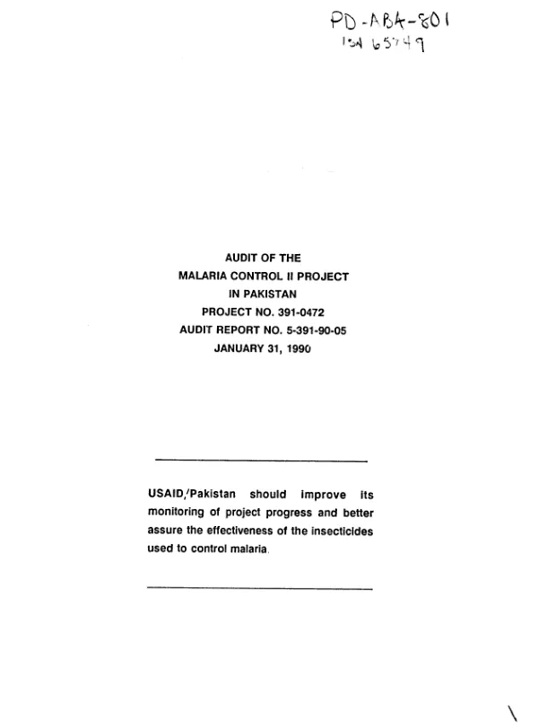 Audit of the malaria control II project in Pakistan, project no. 391-0472