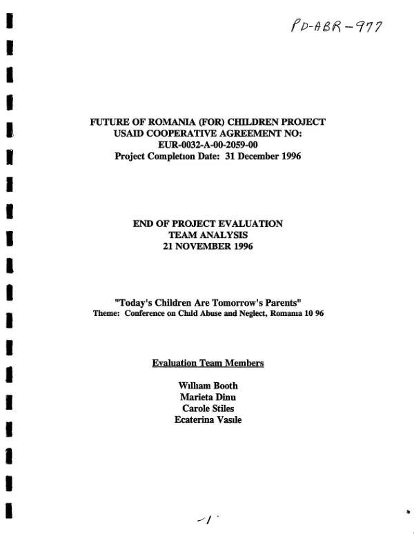 Future of Romania (FOR) children project : end of project evaluation -- team analysis