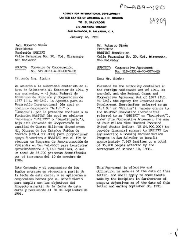 AID cooperative agreement no. 519-0333-A-00-0074-00 to Habitat Foundation for housing reconstruction in San Salvador