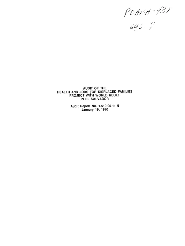 Audit of the health and jobs for displaced families project with World Relief in El Salvador