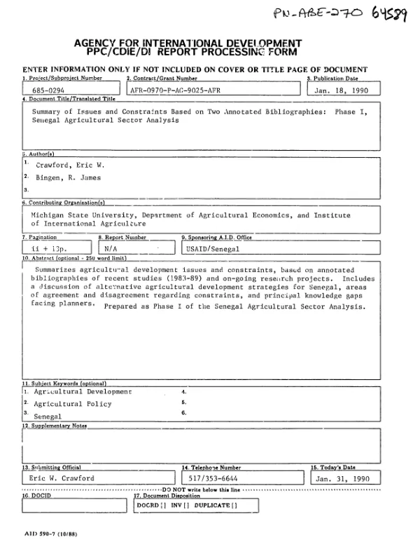 Summary of issues and constraints based on two annotated bibliographies : phase I, Senegal agricultural sector analysis