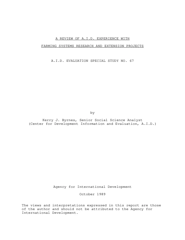 Review of AID experience with farming systems research and extension projects