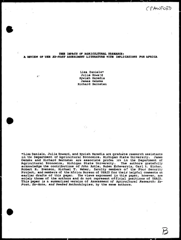 Impact of agricultural research : a review of the ex-post assessment literature with implications for Africa