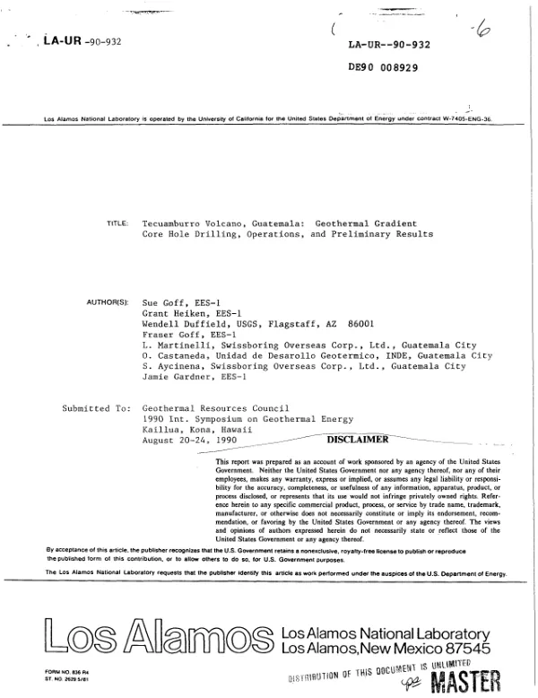 Tecuamburro Volcano, Guatemala : geothermal gradient core hole drilling, operations, and preliminary results