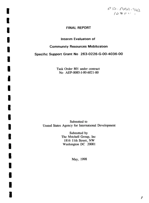 Final report : interim evaluation of community resources mobilization : specific support grant no. 263-0226-G-00-4036-00