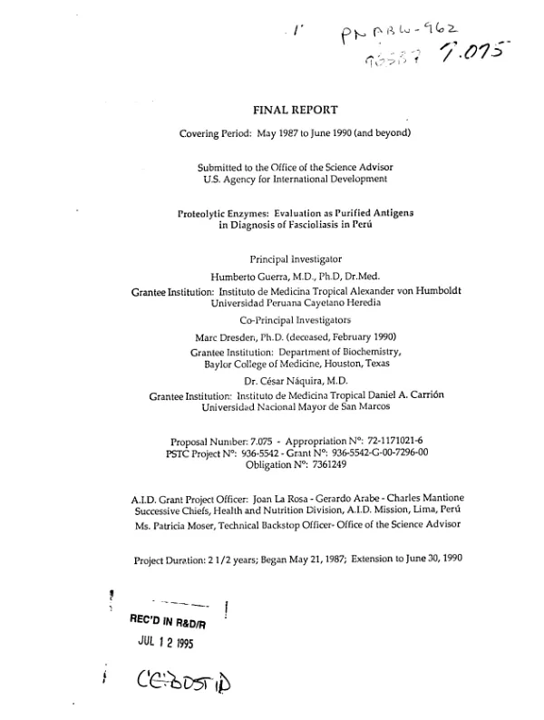 Final report covering period May 1987 to June 1990 (and beyond) : proteolytic enzymes -- evaluation as purified antigens in diagnosis of fascioliasis in Peru