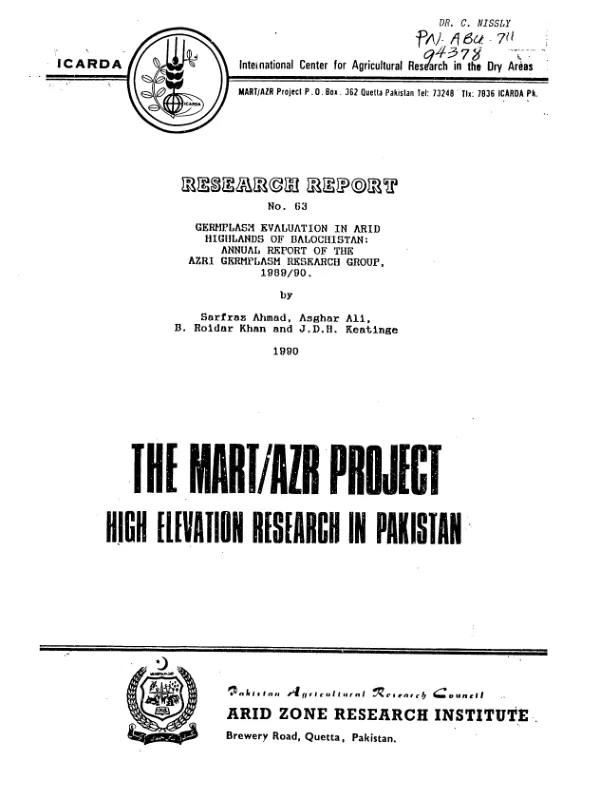 Germplasm evaluation in arid highlands of Balochistan : annual report of the AZRI [Arid Zone Research Institute] Germplasm Research Group, 1989/90