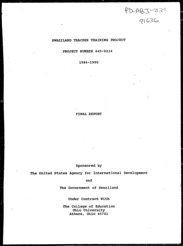 Swaziland teacher training project, project number 645-0214, 1984-1990