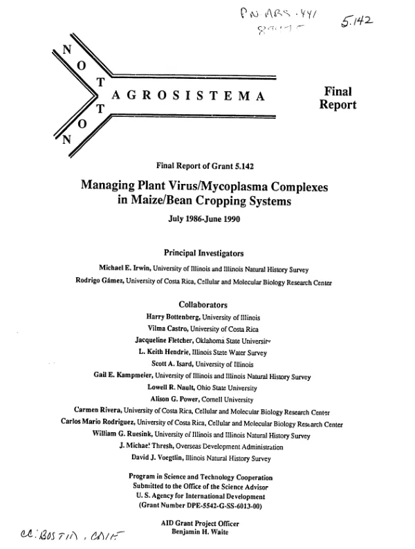 Final report of grant 5.142 : managing plant virus/mycoplasma complexes in maize/bean cropping systems -- July 1986-June 1990