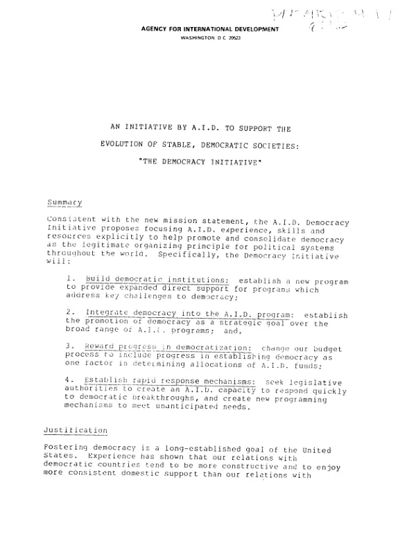 Initiative by AID to support the evolution of stable, democratic societies : "the democracy initiative"